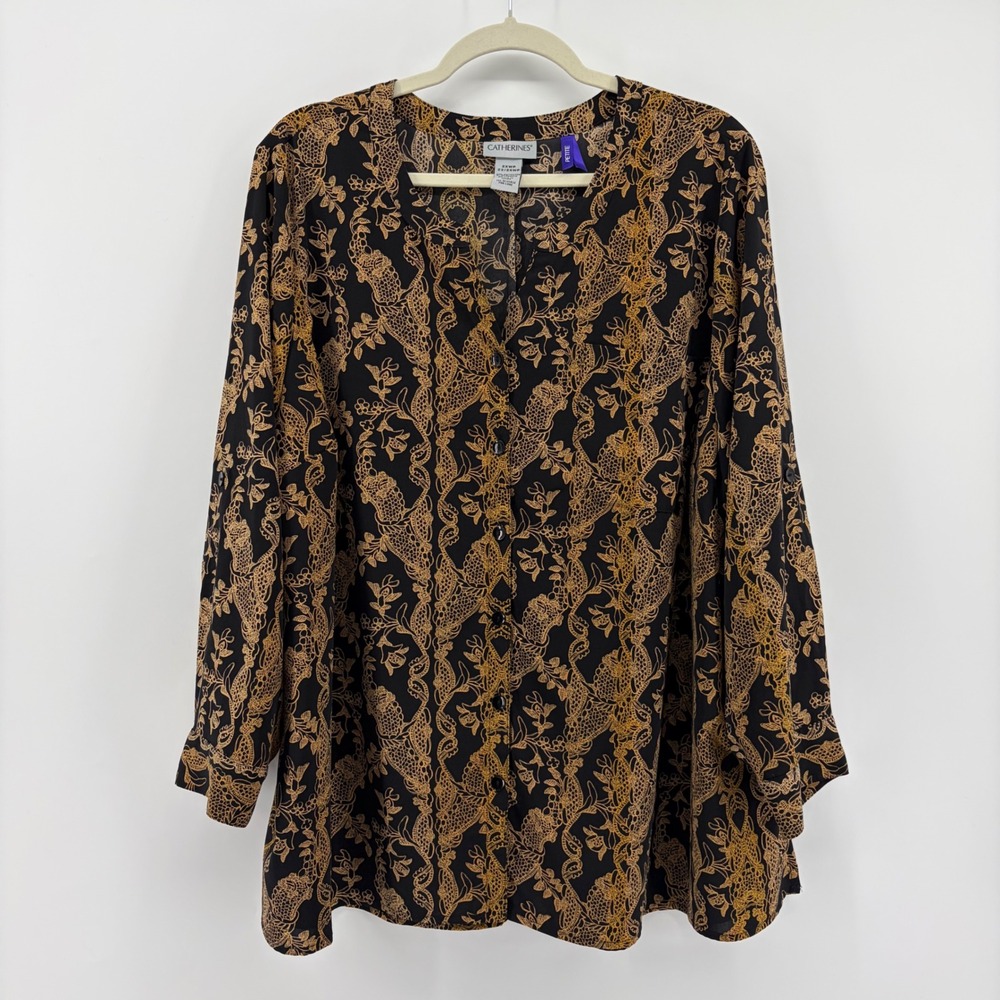 Catherines Womens 2XWP Black Gold Paisley Tunic Blouse Button Front Petite Plus